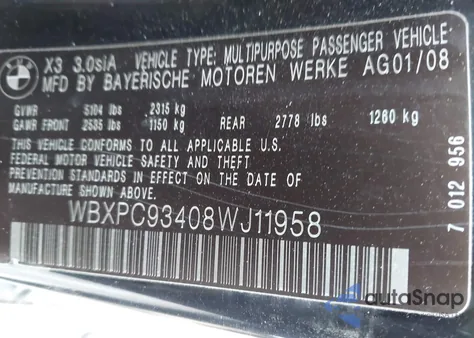 2008 BMW X3 3.0Si from USA, damaged, VIN WBXPC93408WJ11958